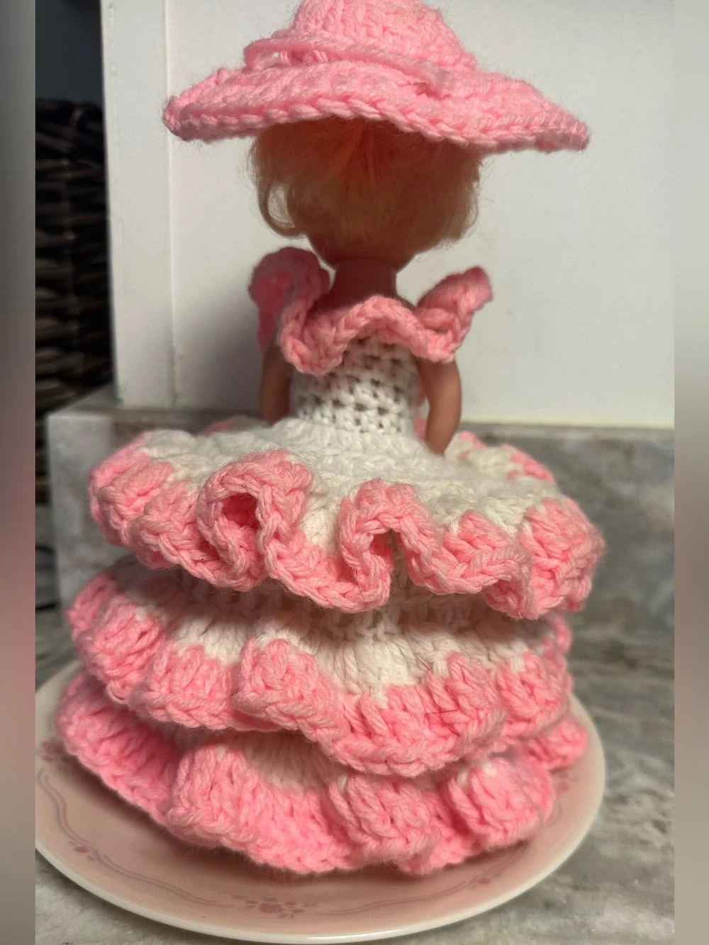Vintage Pink and Cream Crochet Doll Bath Accessory